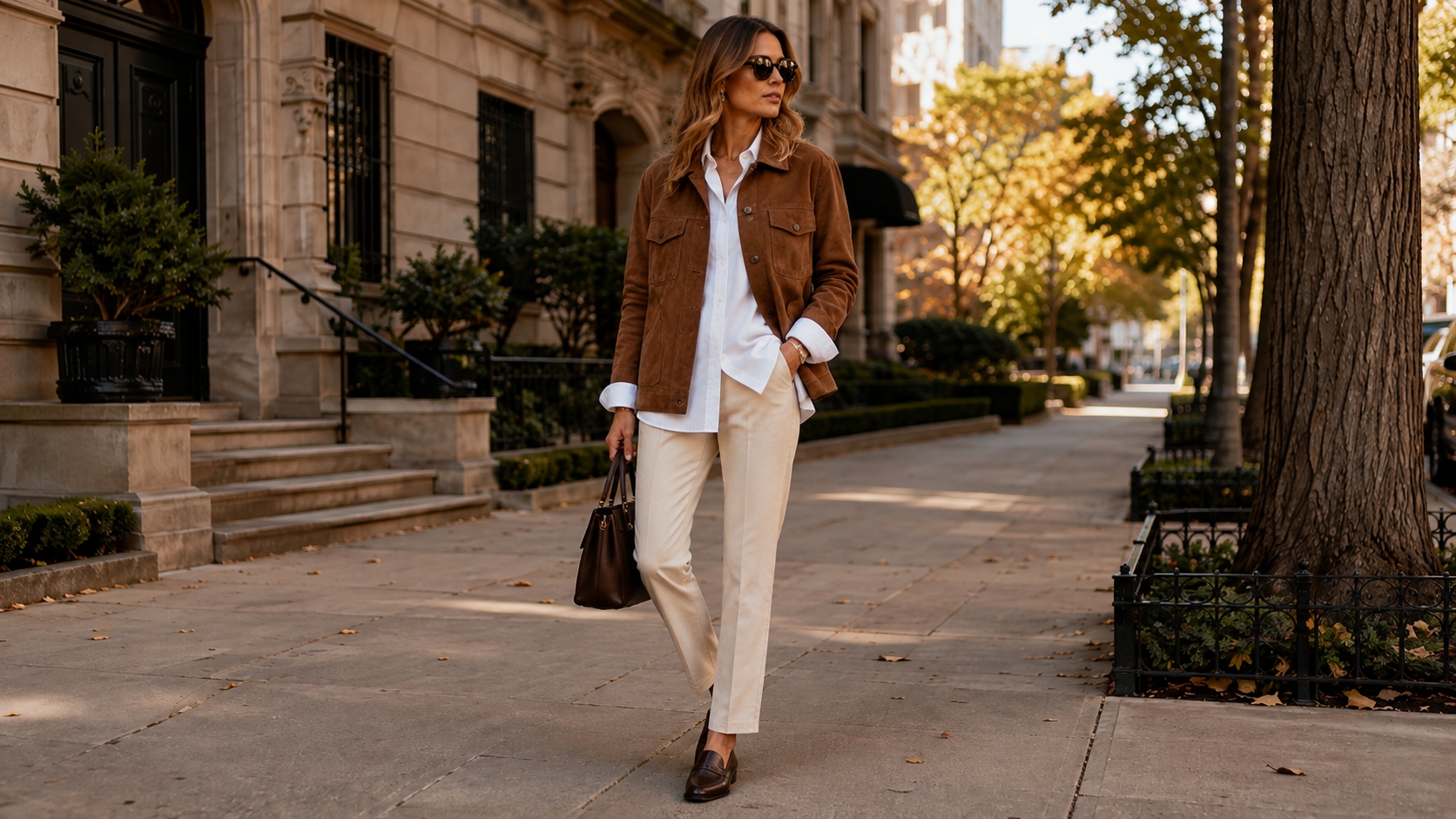 Boxy Suede Jacket with Oversized White Button-Down Shirt and Cigarette Pants Fall Outfit